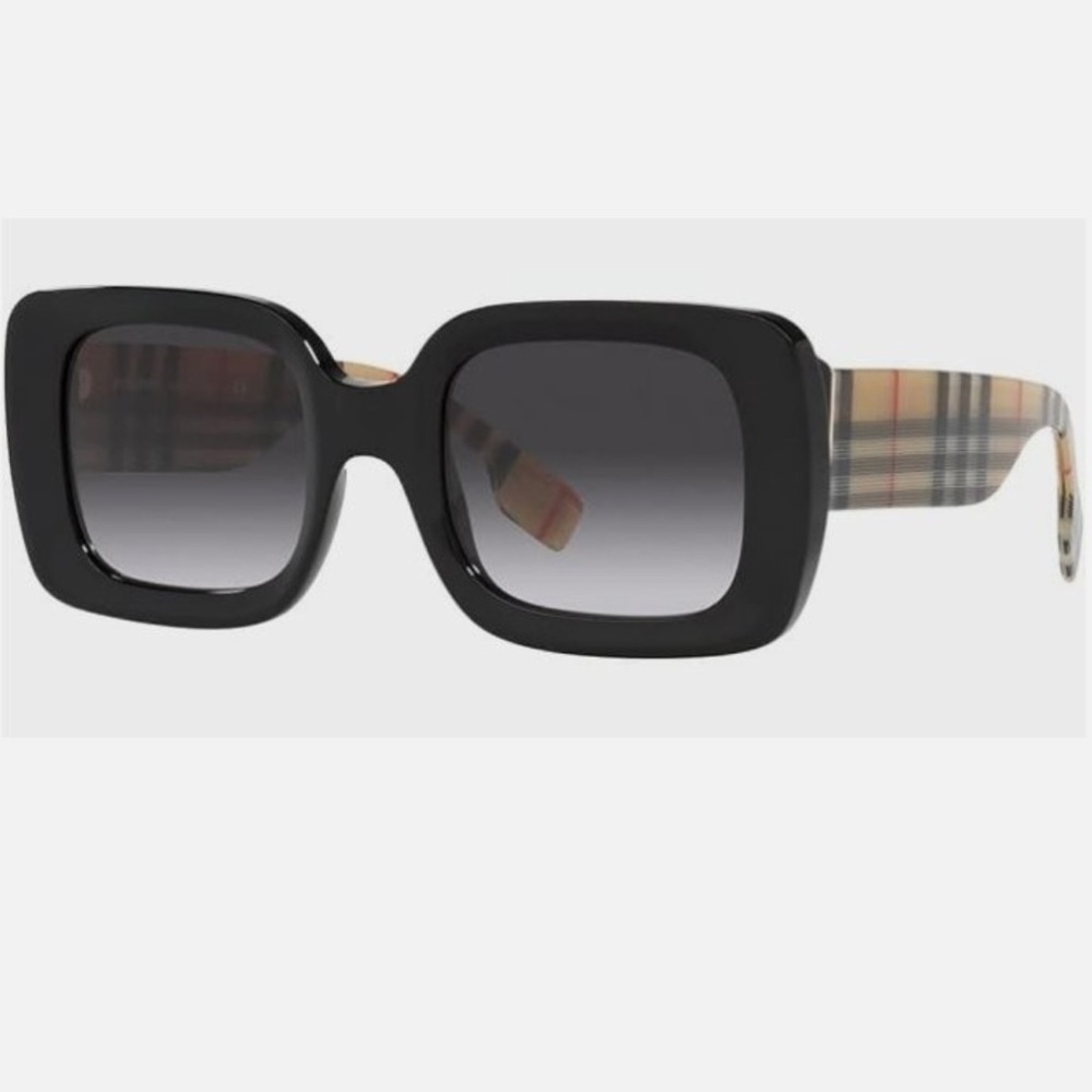 Burberry Black Square Sunglasses with Beige Check Arms